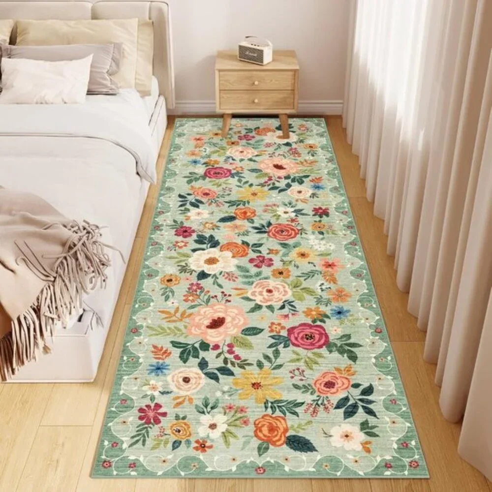 New 2.6x8 Washable Kitchen Runner Rug, Non-Slip Boho Floral Carpet, Green